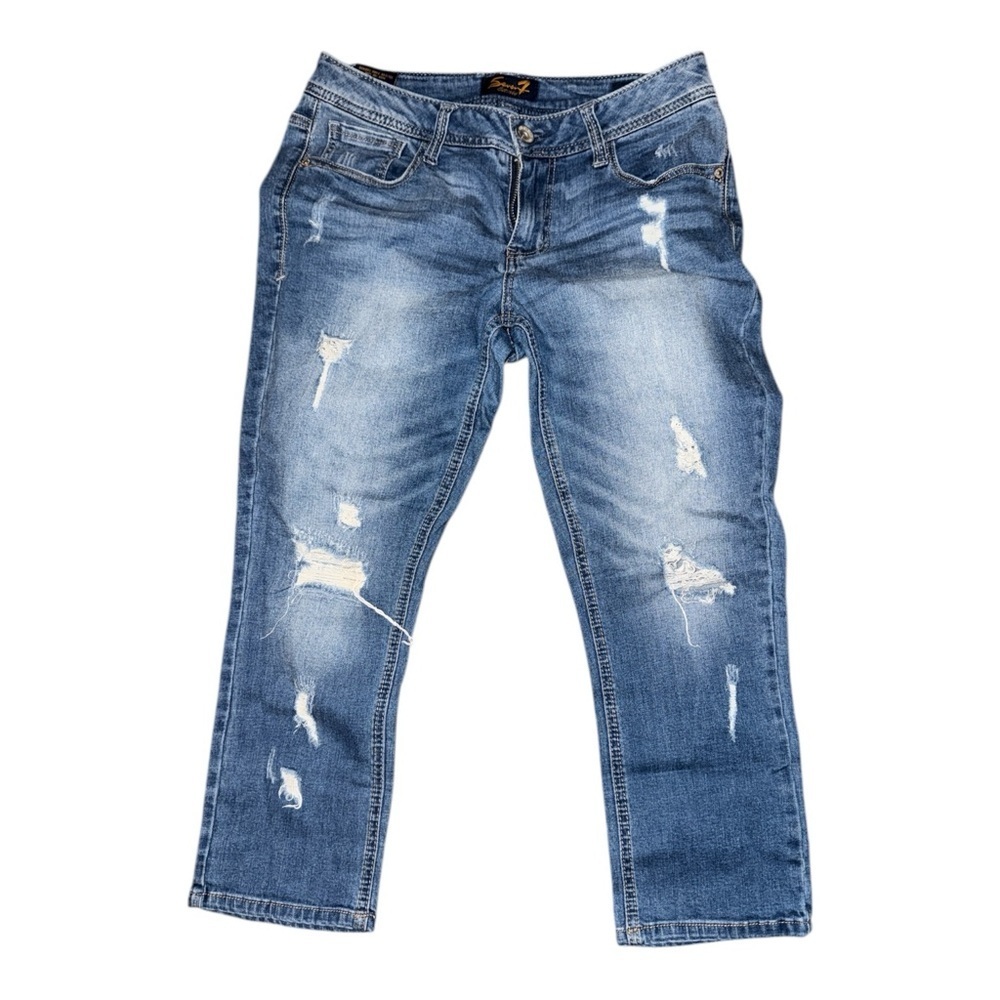 Seven7 Women's Blue Distressed Capri Jeans - Picture 2 of 4
